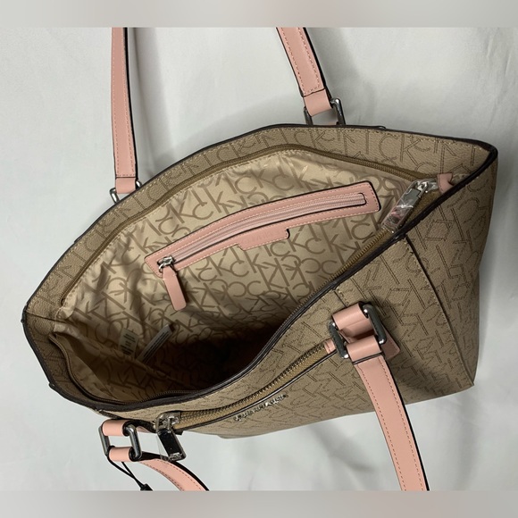 NWT Calvin Klein Monogram Tan Purse Shoulder Bag Pink Straps Gold Hardware